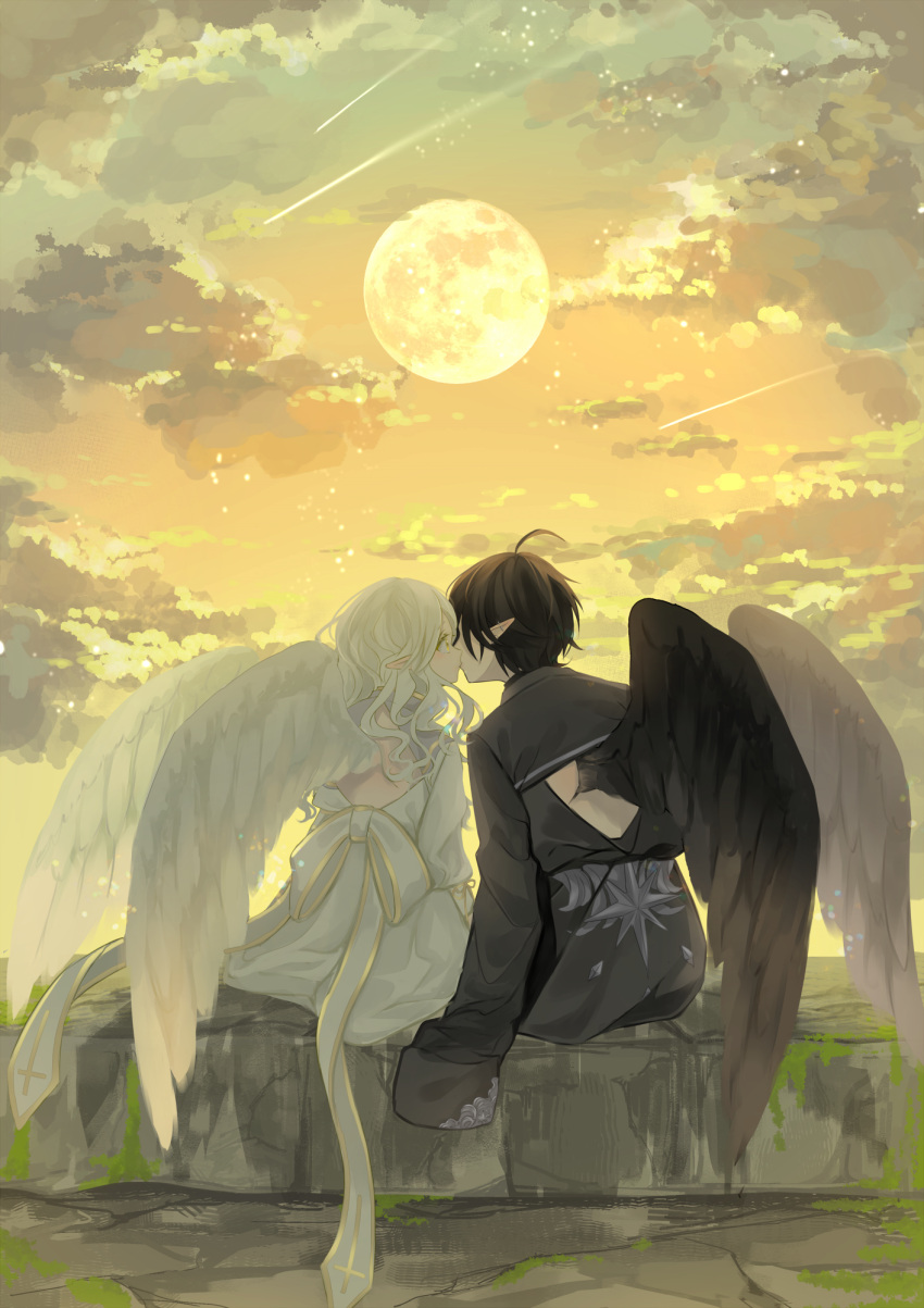 1boy 1girl ahoge back black_hair black_vs_white black_wings clouds couple dress earrings feathered_wings full_moon hetero highres jewelry kiss long_hair long_sleeves looking_at_another lying moon on_back original outdoors pointy_ears purimo_(xxxmofmof) ribbon rock shooting_star short_hair sitting sunset white_dress white_hair white_ribbon white_wings wings yellow_eyes