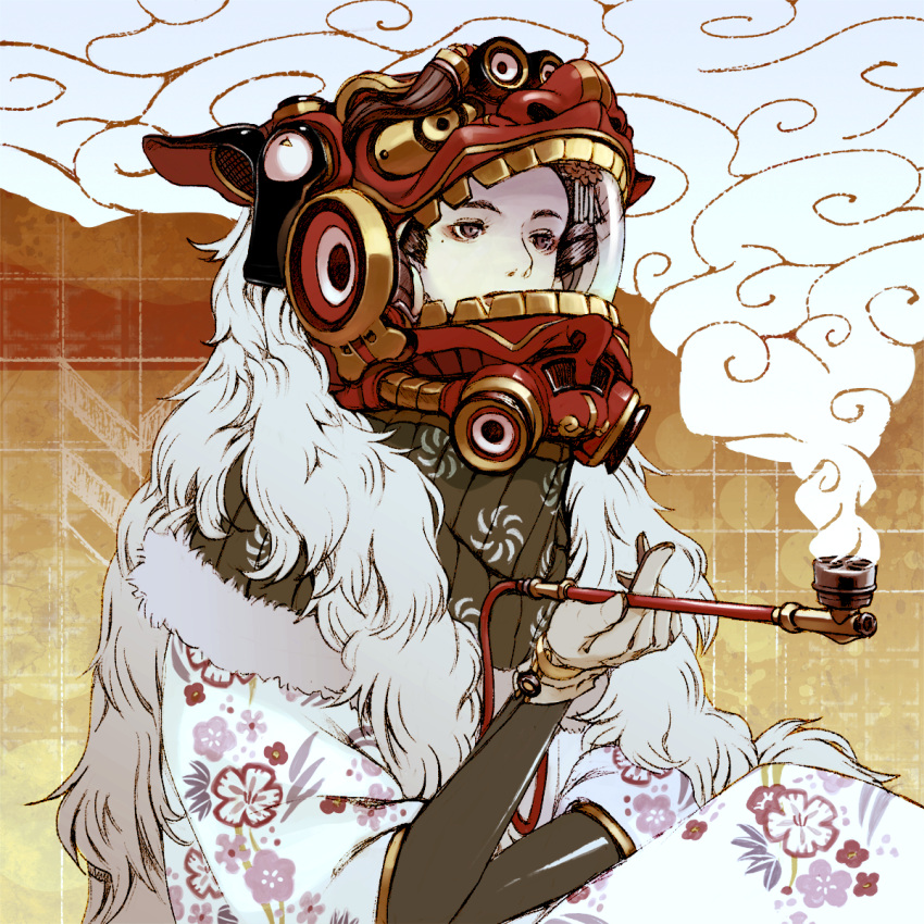 1girl black_hair brown_eyes commentary_request crossed_arms floral_print fur_trim hair_ornament hand_up helmet highres holding japanese_clothes kanzashi kimono kiseru looking_ahead mask mole mole_under_eye nc_empire_(circle) oiran original pale_skin pipe red_eyeshadow shishimai sitting smoke smoking solo space_helmet speaker tile_wall tiles tube whorled_clouds