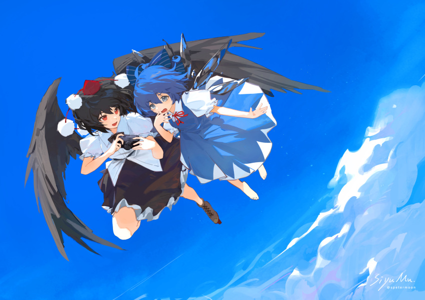2girls :d above_clouds artist_name barefoot bird_wings black_hair black_skirt black_wings blue_bow blue_dress blue_eyes blue_hair blue_sky bow brown_footwear card cirno clouds commentary_request dress flying full_body hair_bow hat highres holding holding_card ice ice_wings looking_at_another multiple_girls neck_ribbon open_mouth pinafore_dress puffy_short_sleeves puffy_sleeves red_eyes red_headwear red_ribbon ribbon shameimaru_aya shirt short_sleeves signature siyumu skirt sky sleeveless sleeveless_dress smile tokin_hat touhou twitter_username white_shirt wings