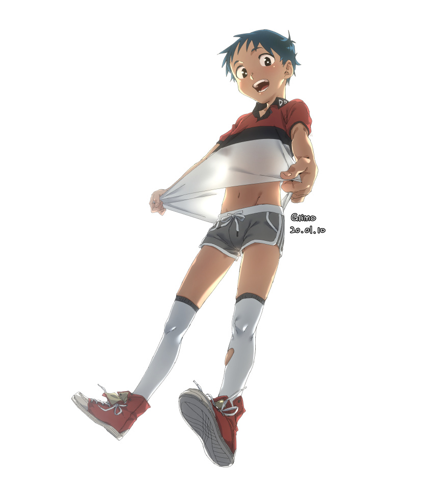 1boy absurdres artist_name black_hair blush brown_eyes dated glimo high_tops highres kneehighs looking_at_viewer male_focus navel open_mouth original see-through shadow short_shorts shorts simple_background smile white_background white_legwear