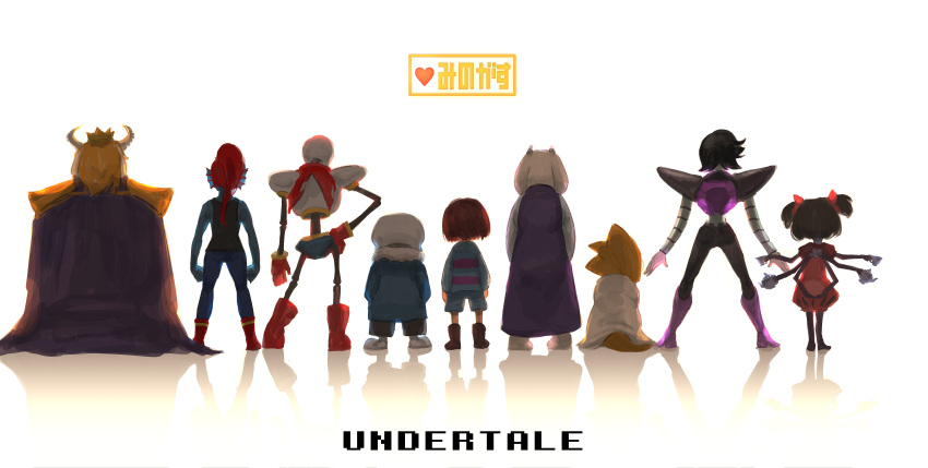1other 4boys 4girls absurdres alphys ambiguous_gender arms_behind_back asgore_dreemurr bandana bare_shoulders barefoot black_footwear black_hair black_shirt black_shorts blonde_hair blue_jacket blue_pants blue_shirt blue_shorts blue_skin boots bow brown_hair cape clenched_hands commentary_request copyright_name crown cup dress english_text extra_arms fins frisk_(undertale) fur-trimmed_jacket fur_trim furry gloves hair_bow hand_on_hip hands_in_pockets hands_up heart highres holding horns jacket kashu_(hizake) knee_boots labcoat legs_apart long_hair long_sleeves mettaton muffet multiple_boys multiple_girls pants papyrus_(undertale) ponytail puffy_short_sleeves puffy_sleeves purple_cape purple_dress purple_footwear raglan_sleeves red_bow red_footwear red_gloves red_jumpsuit red_neckwear redhead reflection robot sans shirt short_hair short_jumpsuit short_sleeves short_twintails shorts simple_background skeleton sleeveless sleeveless_shirt slippers striped striped_shirt tail teacup teapot tied_hair toriel translation_request twintails undertale undyne white_background white_coat white_footwear yellow_headwear