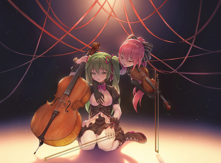 2girls backlighting black_bow black_dress black_gloves boots bow bow_(instrument) cello commentary dress english_commentary facing_another framed_breasts gloves green_eyes green_hair hair_bow hair_ribbon hand_on_another's_chest hand_up hatsune_miku holding holding_instrument instrument leaning_forward long_hair megurine_luka neriw pink_hair ponytail red_ribbon ribbon scrunchie shadow sitting spotlight striped striped_bow thigh-highs twintails very_long_hair violin violin_bow vocaloid wariza white_legwear wrist_scrunchie yuri