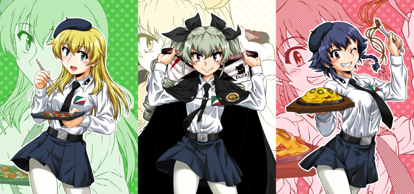 1girl ;) anchovy_(girls_und_panzer) anzio_(emblem) anzio_school_uniform bangs belt beret black_belt black_cape black_hair black_headwear black_neckwear black_ribbon black_skirt blonde_hair braid brown_eyes cape carpaccio_(girls_und_panzer) character_name chopsticks closed_mouth commentary cowboy_shot dated dress_shirt drill_hair emblem eyebrows_visible_through_hair food fork girls_und_panzer green_eyes green_hair grin hair_ribbon halftone happy_birthday hat highres holding holding_chopsticks holding_food holding_fork holding_towel holding_tray italian_text long_hair long_sleeves looking_at_viewer miniskirt necktie object_behind_back one_eye_closed oosaka_kanagawa open_mouth outline pantyhose pasta pepperoni_(girls_und_panzer) pleated_skirt red_eyes ribbon school_uniform sharp_teeth shirt short_hair side_braid skirt smile solo spaghetti standing teeth towel translated tray twin_drills twintails v-shaped_eyebrows white_legwear white_outline white_shirt zoom_layer
