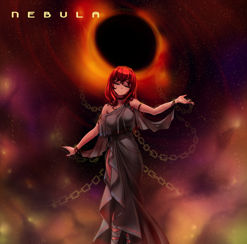 1girl album_cover alternate_costume armlet armpits bare_arms bare_shoulders black_choker black_dress black_hair black_hole bracelet breasts chain choker closed_eyes collarbone cover dress english_text hater_(hatater) hecatia_lapislazuli highres jewelry large_breasts long_hair m87_black_hole multicolored_hair nail_polish nebula no_headwear off_shoulder outstretched_arms peplos red_nails redhead see-through smile space star_(sky) touhou