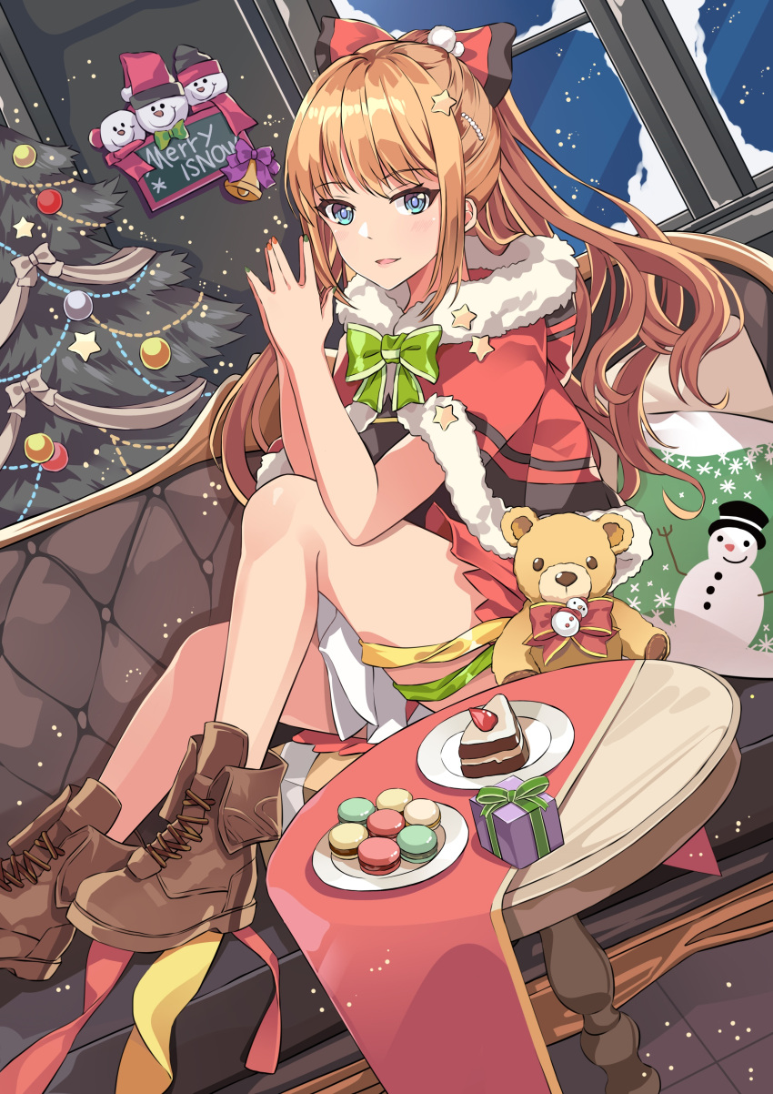 1girl absurdres blonde_hair blue_eyes boots bow box brown_footwear cape capelet dutch_angle feng_shao_kky_(arj0522) floating_hair fur-trimmed_capelet fur_trim gift gift_box hair_bow hair_ornament highres long_hair looking_at_viewer merry_christmas miniskirt original pleated_skirt red_bow red_capelet red_skirt shiny shiny_hair sitting skirt solo star star_hair_ornament stuffed_animal stuffed_toy teddy_bear very_long_hair