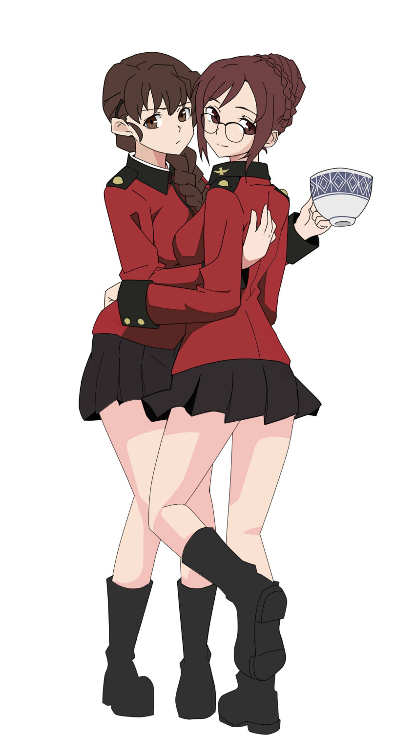 2girls absurdres bangs black-framed_eyewear black_footwear black_skirt boots braid brown_eyes brown_hair closed_mouth commentary crown_braid cup english_commentary epaulettes from_behind frown full_body girls_und_panzer glasses hair_over_shoulder highres holding holding_cup hug insignia jacket long_sleeves looking_at_viewer looking_back military military_uniform miniskirt multiple_girls nilgiri_(girls_und_panzer) perfect_han pleated_skirt red_jacket rukuriri_(girls_und_panzer) short_hair simple_background single_braid skirt smile st._gloriana's_military_uniform standing standing_on_one_leg swept_bangs teacup uniform white_background yuri