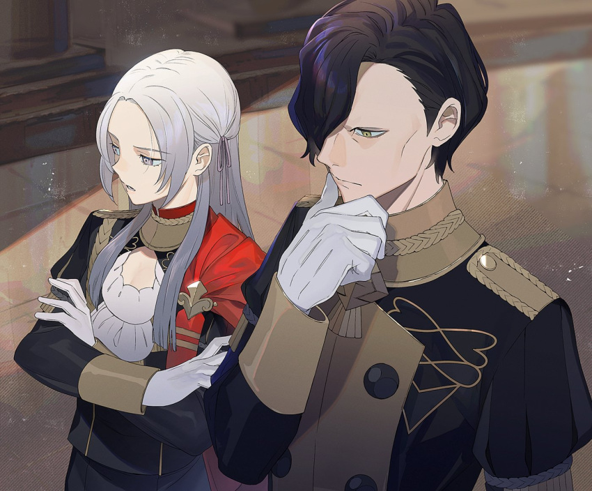 1boy 1girl black_hair closed_mouth crossed_arms edelgard_von_hresvelg epaulettes fire_emblem fire_emblem:_three_houses garreg_mach_monastery_uniform gloves hair_over_one_eye hair_ribbon hubert_von_vestra kyufe long_hair long_sleeves parted_lips ribbon short_hair uniform violet_eyes white_gloves white_hair