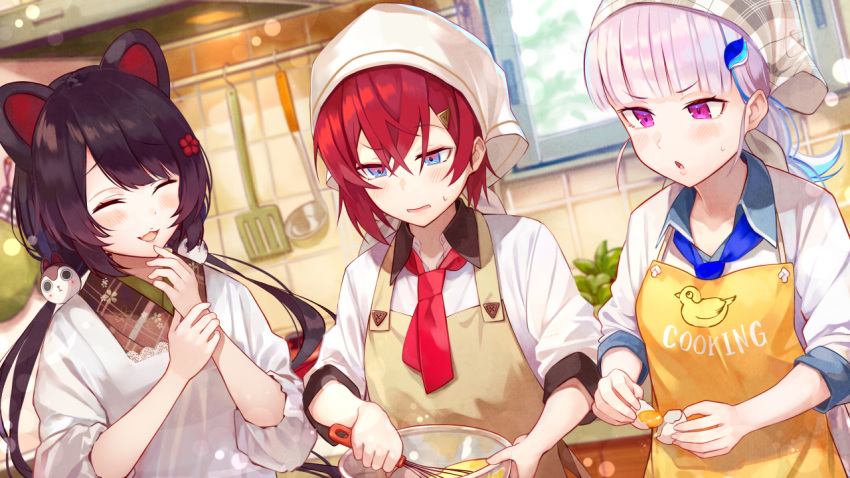 3girls ange_katrina animal_ears apron bangs black_hair blue_eyes blue_hair blunt_bangs blush bowl brat closed_eyes cooking day dog_ears dog_hair_ornament dutch_angle egg fang head_scarf holding holding_bowl holding_whisk indoors inui_toko kitchen ladle lize_helesta long_hair long_sleeves multiple_girls nijisanji open_mouth red_neckwear redhead sebastian_piyodore short_hair skin_fang smile spatula sweatdrop symbol_commentary upper_body violet_eyes virtual_youtuber whisk window yolk