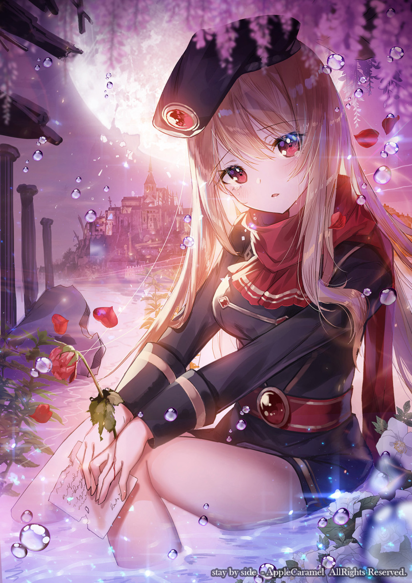 1girl apple_caramel artist_name black_headwear blonde_hair building flower highres holding holding_flower long_sleeves looking_at_viewer moon note official_art original outdoors petals pillar red_eyes red_scarf rock scarf sitting water