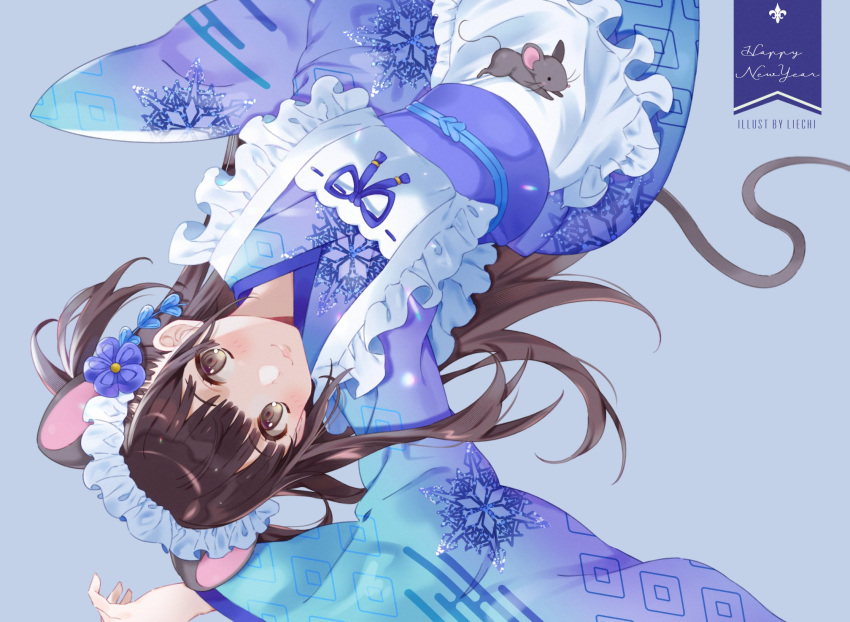 1girl :3 animal_ears artist_name bangs blue_flower blunt_bangs blush brown_eyes brown_hair chinese_zodiac closed_mouth eyebrows_visible_through_hair flower happy_new_year highres liechi long_hair looking_at_viewer mouse mouse_ears mouse_tail new_year original solo tail upside-down very_long_hair year_of_the_rat