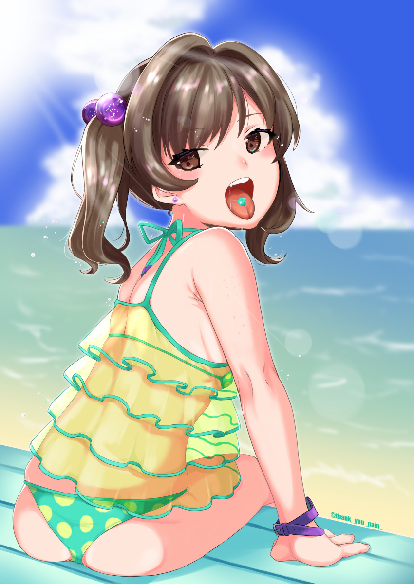 1girl absurdres ass back bangs bikini blue_sky breasts brown_eyes brown_hair candy clouds earrings eyebrows_visible_through_hair food highres jewelry kyouno_gohan ocean open_mouth original polka_dot polka_dot_bikini sitting sky small_breasts solo swimsuit tongue tongue_out twintails watch watch