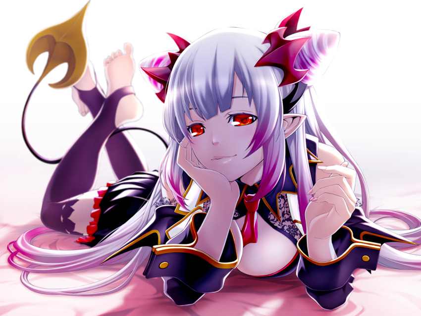 1girl bangs barefoot black_legwear black_skirt blush breasts closed_mouth demon_girl demon_horns demon_tail double_bun fenrir_(fenlil0316) frilled_skirt frills full_body gradient_hair head_rest honey_strap horns legs_up long_hair long_sleeves looking_at_viewer lying medium_breasts miniskirt multicolored_hair necktie on_stomach pink_hair pleated_skirt pointy_ears red_eyes red_neckwear shiny shiny_hair silver_hair simple_background skirt smile solo suou_patra tail the_pose thigh-highs very_long_hair virtual_youtuber white_background zettai_ryouiki