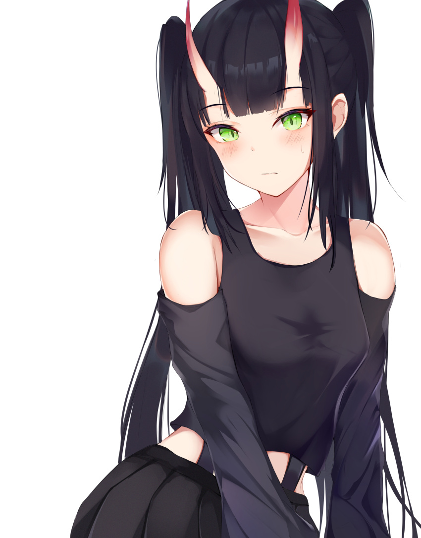 1girl 4min absurdres bangs bare_shoulders black_skirt blush breasts collarbone commentary_request eyebrows_visible_through_hair frown green_eyes highres large_breasts long_sleeves oni oni_horns original shirt simple_background skirt solo twintails white_background