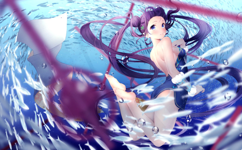bangs bare_shoulders bare_thighs barefoot black_dress blunt_bangs breasts china_dress chinese_clothes double_bun dress fate/grand_order fate_(series) feet hair_ornament haru_(re_ilust) highres leaf_hair_ornament long_hair presenting_armpit purple_hair school_of_fish sideboob sidelocks thighs twintails underwater very_long_hair yang_guifei_(fate/grand_order)