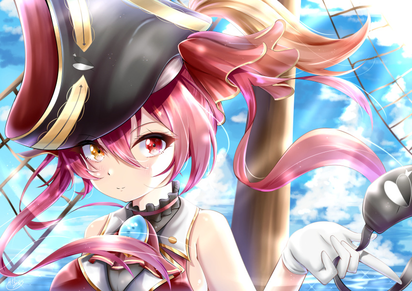 1girl absurdres arrow_through_heart bare_shoulders blue_sky breasts closed_mouth clouds cravat eyepatch eyepatch_removed gloves hair_between_eyes hat heterochromia highres hololive houshou_marine outdoors pink_hair pirate_hat red_eyes sky solo takemura-kou0606 twintails virtual_youtuber white_gloves yellow_eyes