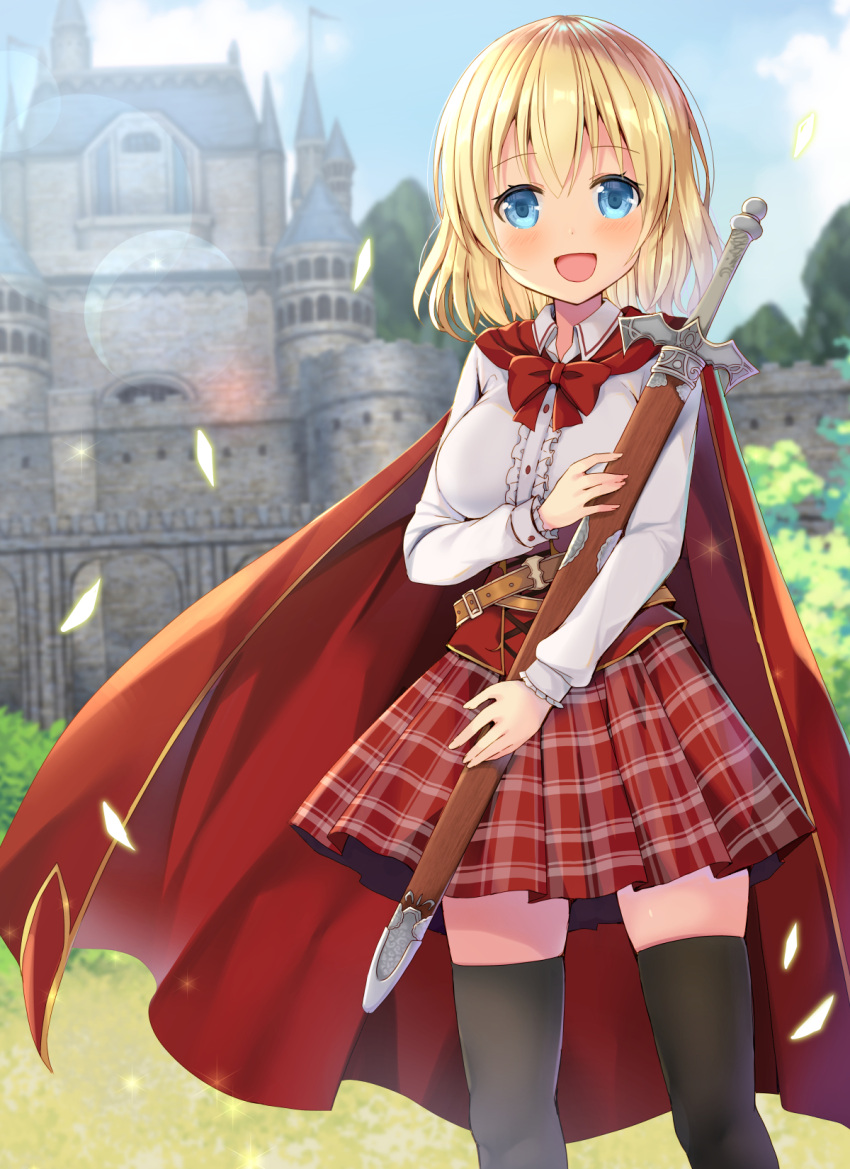 1girl bangs black_legwear blonde_hair blue_eyes blush bow breasts cape castle commentary_request day eyebrows_visible_through_hair highres holding holding_sword holding_weapon large_breasts long_sleeves mori_airi open_mouth original outdoors red_bow red_cape red_skirt skirt smile solo sword thigh-highs weapon