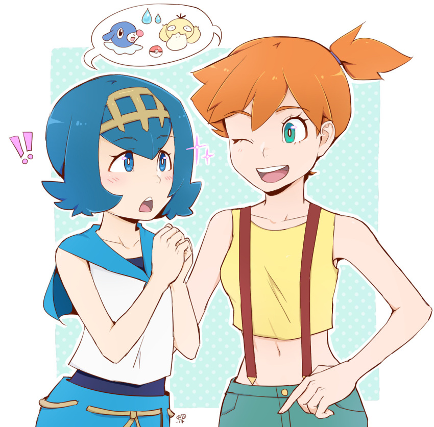 2girls ;d aqua_eyes bangs blue_eyes blue_hair blush breasts collarbone commentary creature denim english_commentary flat_chest frown gen_1_pokemon gen_7_pokemon hair_ornament highres kasumi_(pokemon) midriff milka_(milk4ppl) multiple_girls navel one_eye_closed open_mouth poke_ball poke_ball_(generic) pokemon pokemon_(anime) pokemon_(classic_anime) pokemon_(creature) pokemon_sm_(anime) popplio psyduck shirt short_hair side_ponytail sidelocks simple_background sleeveless sleeveless_shirt small_breasts smile speech_bubble standing suiren_(pokemon) tareme tied_hair trait_connection upper_body white_background white_shirt yellow_shirt