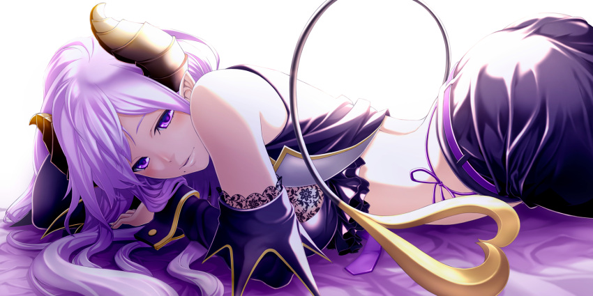 1girl bed_sheet breasts demon_girl demon_horns demon_tail detached_sleeves fenrir_(fenlil0316) highres honey_strap horns large_breasts long_hair long_sleeves looking_at_viewer lying midriff mole mole_under_mouth on_stomach pants parted_lips purple_belt purple_pants purple_ribbon purple_sleeves ribbon saionji_mary silver_hair simple_background solo tail very_long_hair violet_eyes virtual_youtuber white_background