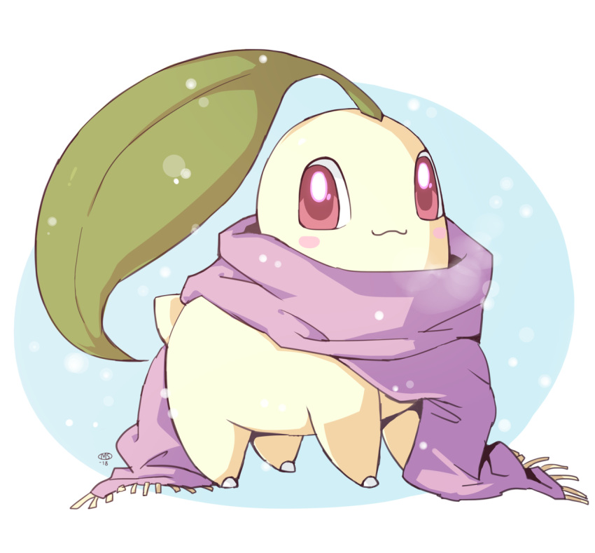 2018 blush chikorita commentary creature english_commentary full_body gen_2_pokemon looking_at_viewer milka_(milk4ppl) no_humans pokemon pokemon_(creature) purple_scarf red_eyes scarf signature simple_background smile solo standing white_background