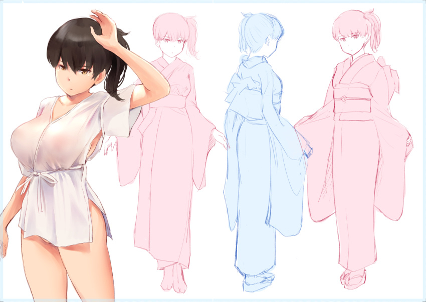 1girl breasts brown_eyes brown_hair hair_ornament highres japanese_clothes kaga_(kantai_collection) kantai_collection kimono large_breasts long_hair long_sleeves looking_at_viewer multiple_views obi sash see-through short_kimono side_ponytail wa_(genryusui) white_kimono wide_sleeves