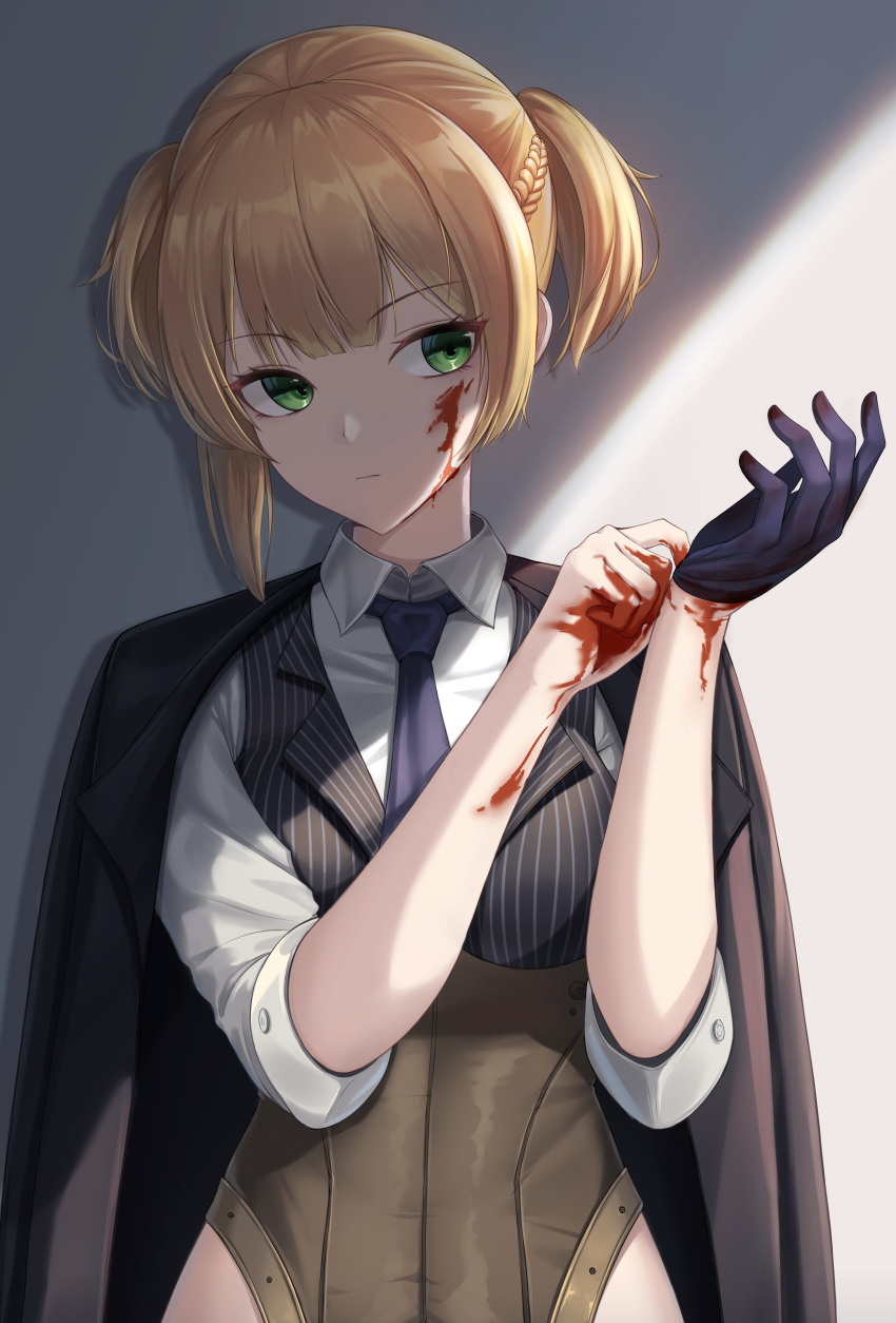 1girl absurdres blonde_hair blood blood_on_arm blood_on_face blood_on_fingers bloody_hands blue_neckwear braid cow-ring cowboy_shot french_braid girls_frontline gloves green_eyes highres jacket_on_shoulders looking_to_the_side necktie putting_on_gloves short_hair short_twintails single_glove solo striped_vest twintails vest welrod_mk2_(girls_frontline)