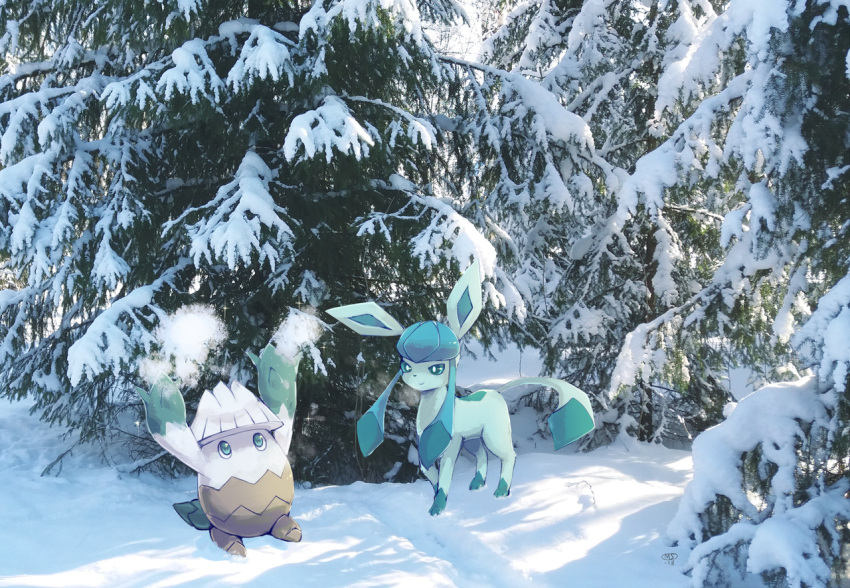 arms_up blue_eyes commentary creature english_commentary gen_4_pokemon glaceon green_eyes milka_(milk4ppl) no_humans photo pokemon pokemon_(creature) scenery snover snow standing tree