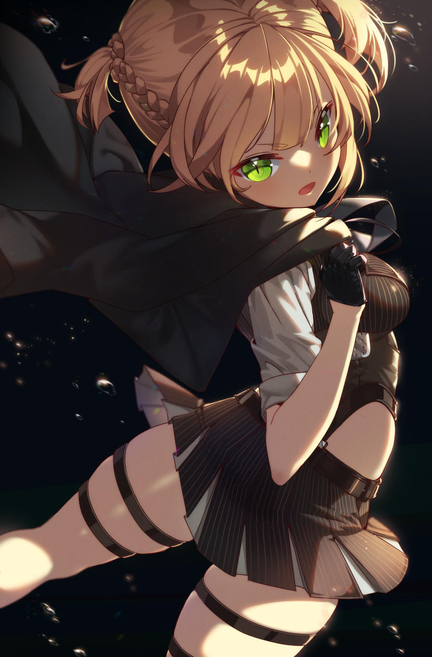 1girl absurdres black_background black_gloves blonde_hair blush braid breasts dai_nikucho droplets french_braid girls_frontline gloves green_eyes highres jacket_over_shoulder looking_at_another medium_breasts open_mouth skindentation skirt solo thighs welrod_mk2_(girls_frontline)