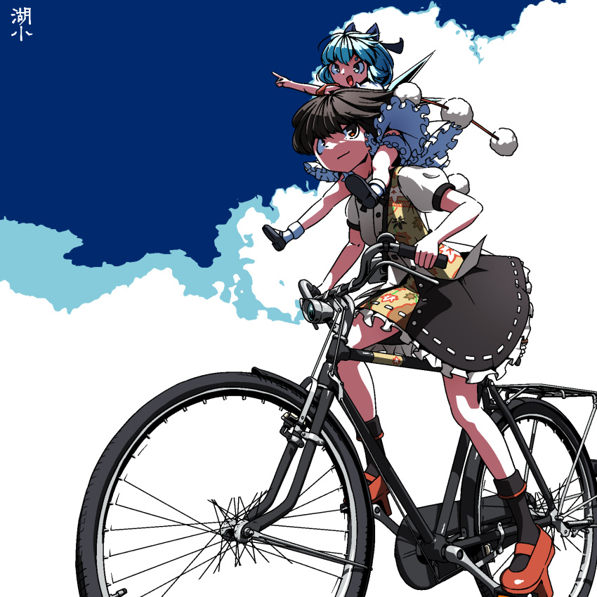 2girls artist_name bicycle black_footwear black_hair black_legwear bloomers blue_bow blue_eyes blue_hair blue_sky bow cirno clouds dress frilled_dress frilled_skirt frills ground_vehicle hair_bow hat highres huxiao_(mistlakefront) mary_janes multiple_girls open_mouth pom_pom_(clothes) puffy_short_sleeves puffy_sleeves red_eyes red_footwear shameimaru_aya shoes short_sleeves skirt sky socks tokin_hat touhou underwear white_legwear