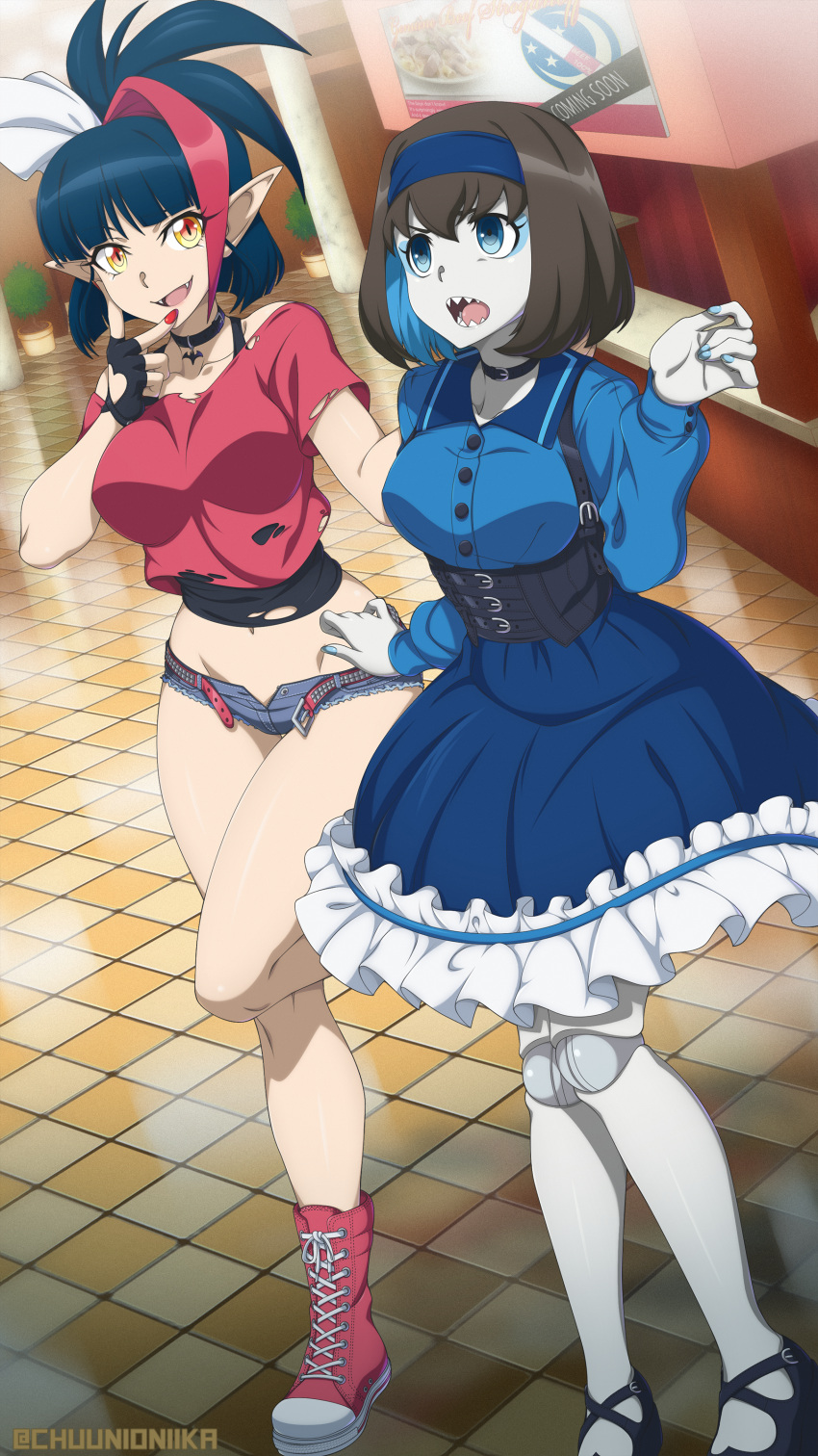 2girls absurdres black_hair black_shirt blue_dress blue_eyes blue_hair blue_shorts boots breasts chuunioniika commission denim denim_shorts doll_joints dress garie_tuman hairband highres large_breasts long_hair midriff millaarc multicolored_hair multiple_girls navel open_fly orange_eyes pale_skin pink_footwear pink_hair pink_nails pink_shirt pointy_ears senki_zesshou_symphogear senki_zesshou_symphogear_xv shiny shiny_hair shiny_skin shirt short_hair short_shorts shorts standing t-shirt teeth thighs torn_clothes torn_shirt two-tone_hair vampire yellow_eyes