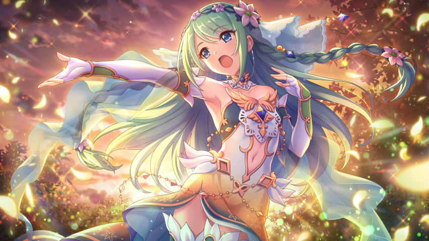 1girl blue_eyes braid chika_(princess_connect!) elbow_gloves gloves green_hair long_hair music official_art princess_connect! singing twin_braids white_gloves