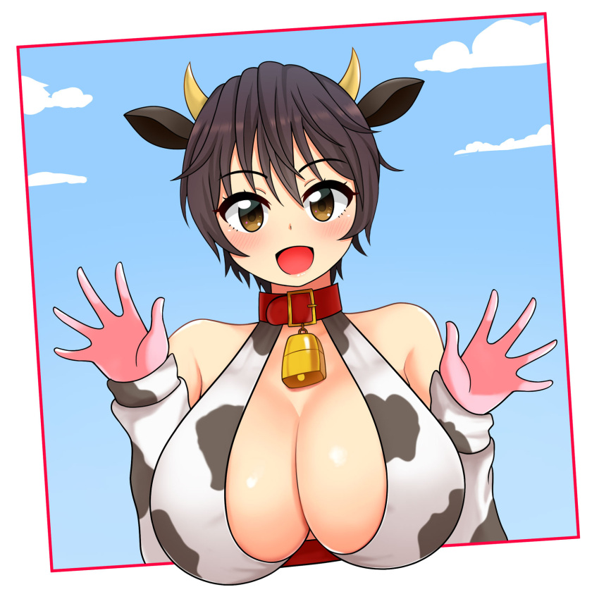 1girl animal_costume animal_ears animal_print bangs bell bell_collar bikini bikini_top blue_sky breasts brown_eyes brown_hair collar cow_bell cow_costume cow_ears cow_girl cow_print elbow_gloves eyebrows_visible_through_hair fake_animal_ears fake_horns frame gloves highres horns idol idolmaster idolmaster_cinderella_girls large_breasts looking_at_viewer oikawa_shizuku open_mouth short_hair sky solo swimsuit the_only_shoe upper_body