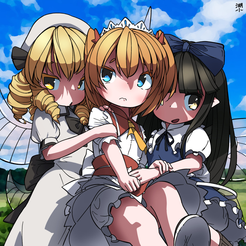 3girls arm_holding ascot back_bow black_bow black_hair blonde_hair bloomers blue_bow blue_eyes blue_sky blush boots bow clouds collar dress drill_hair fairy_wings frilled_collar frilled_dress frilled_sleeves frills hair_bow highres holding_hands huxiao_(mistlakefront) long_hair luna_child multiple_girls open_mouth orange_hair puffy_short_sleeves puffy_sleeves ribbon short_sleeves sky star_sapphire sunny_milk touhou twintails underwear white_headwear wings yellow_eyes