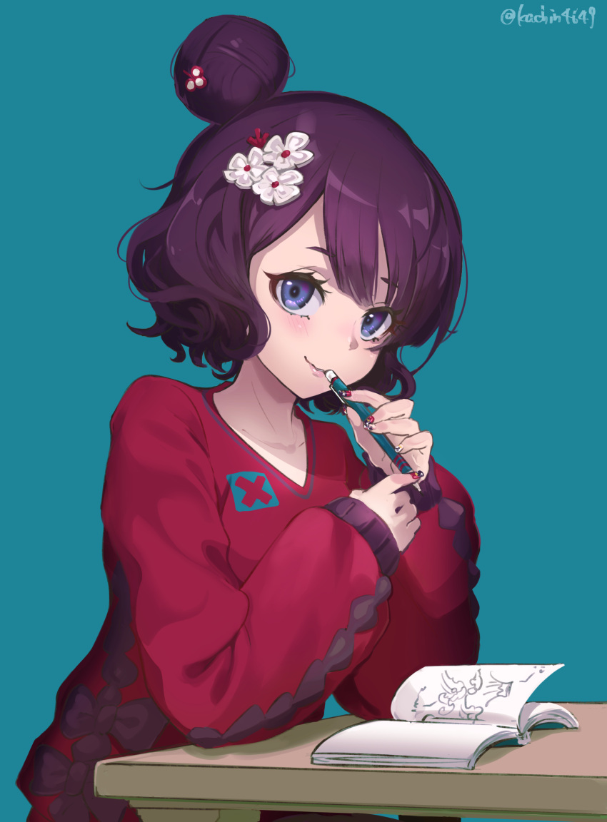 1girl absurdres alternate_costume bangs blue_background blue_eyes book commentary_request eyebrows_visible_through_hair fake_nails fate/grand_order fate_(series) flower hair_bun hair_flower hair_ornament highres holding holding_pen kachin katsushika_hokusai_(fate/grand_order) long_sleeves open_book parted_lips pen pink_lips purple_hair red_sweater short_hair simple_background sitting sleeves_past_wrists smile solo sweater table twitter_username upper_body white_flower