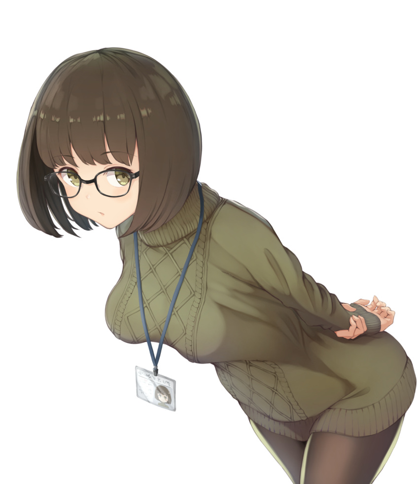 1girl aran_sweater arms_behind_back bangs black_legwear bob_cut breasts brown_hair cowboy_shot dress glasses green_eyes green_sweater highres holding_arm id_card impossible_clothes impossible_sweater lanyard leaning_forward looking_at_viewer medium_breasts original pantyhose parted_lips piisu simple_background sleeves_past_wrists solo standing sweater sweater_dress turtleneck turtleneck_sweater