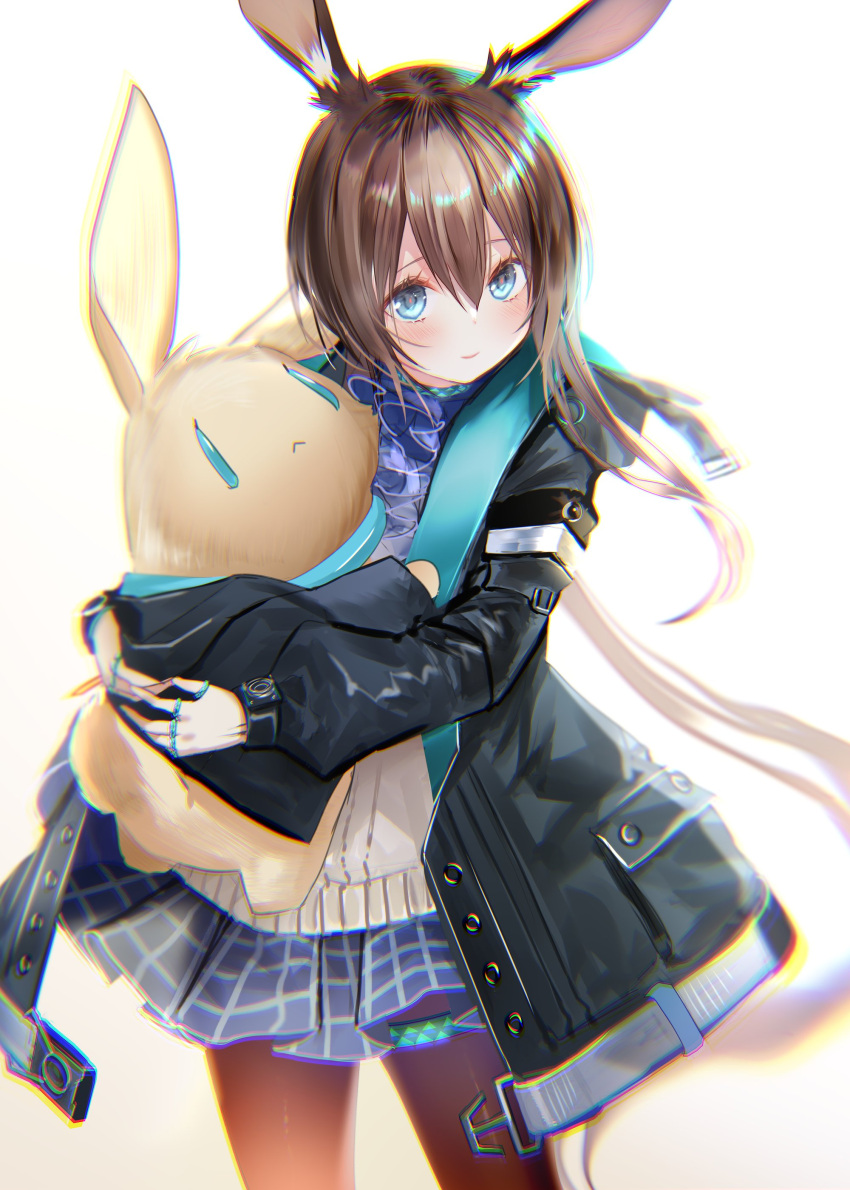 1girl absurdres amiya_(arknights) animal_ears arknights ascot bangs black_jacket blue_eyes blue_neckwear blue_skirt blush brown_hair commentary_request frilled_ascot frills hair_between_eyes highres holding holding_stuffed_animal jacket long_hair long_sleeves multiple_rings pantyhose pleated_skirt pottsness rabbit_ears simple_background skirt smile solo stuffed_animal stuffed_bunny stuffed_toy thigh_strap thumb_ring white_background