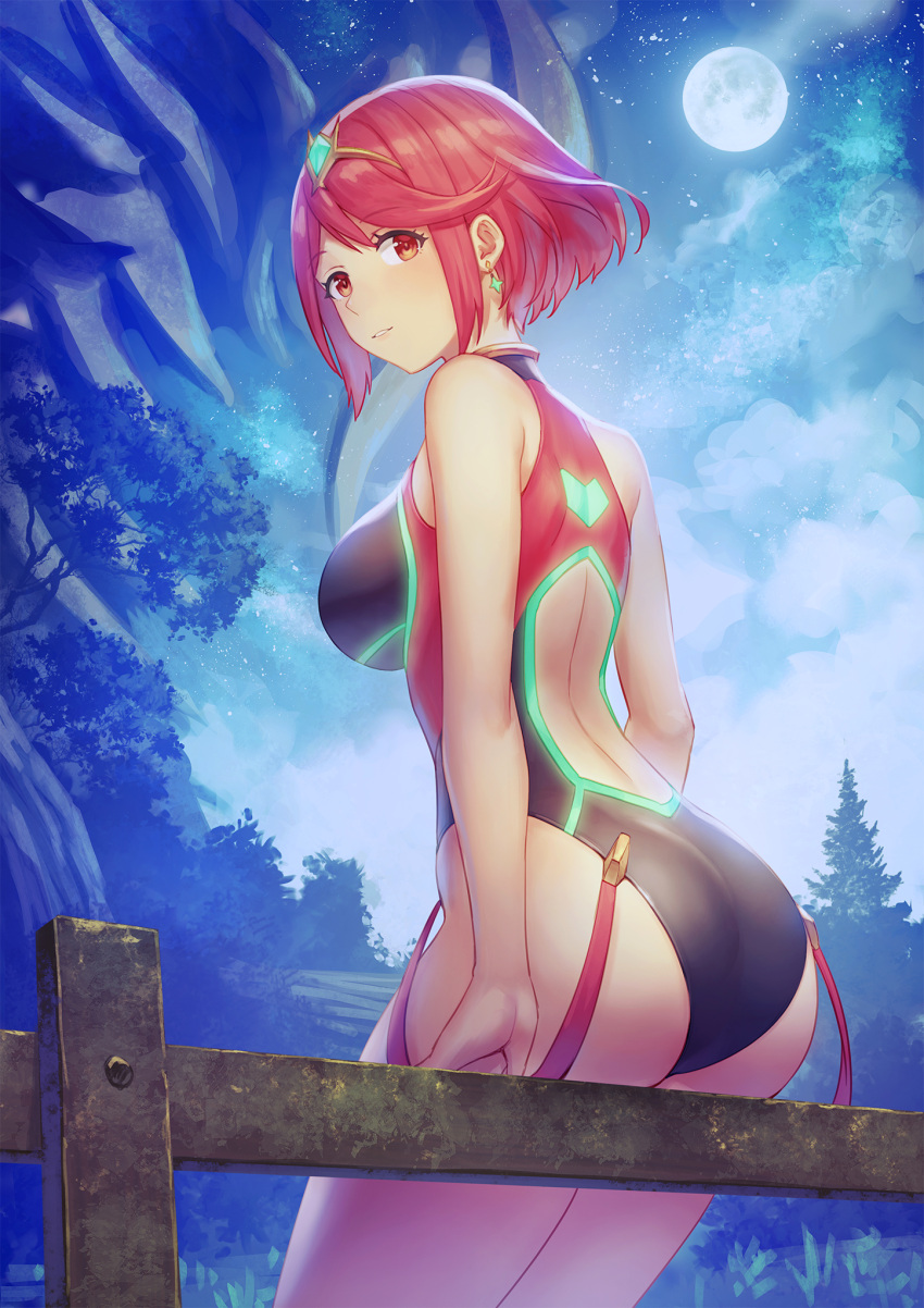 1girl anbe_yoshirou ass back_cutout bangs bare_arms bare_shoulders breasts competition_swimsuit earrings emerald_float eyebrows_visible_through_hair fence full_moon gem highres pyra_(xenoblade) jewelry large_breasts looking_at_viewer looking_back moon multicolored multicolored_clothes multicolored_swimsuit one-piece_swimsuit outdoors parted_lips red_eyes redhead short_hair sitting smile solo swept_bangs swimsuit thighs tiara tree xenoblade_(series) xenoblade_2