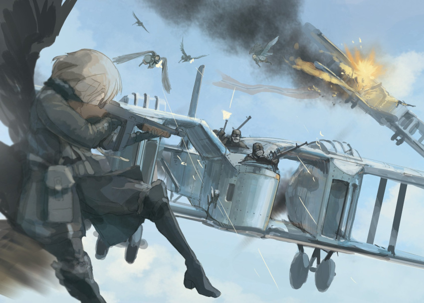 1girl aiming aircraft airplane asterisk_kome banner biplane black_footwear black_jacket black_pants blue_sky boots brown_hair clouds cloudy_sky day explosion flying gun highres holding holding_gun holding_weapon jacket knee_boots machine_gun military military_uniform multiple_others pants pouch short_hair sky solo_focus uniform weapon winged_fusiliers wings