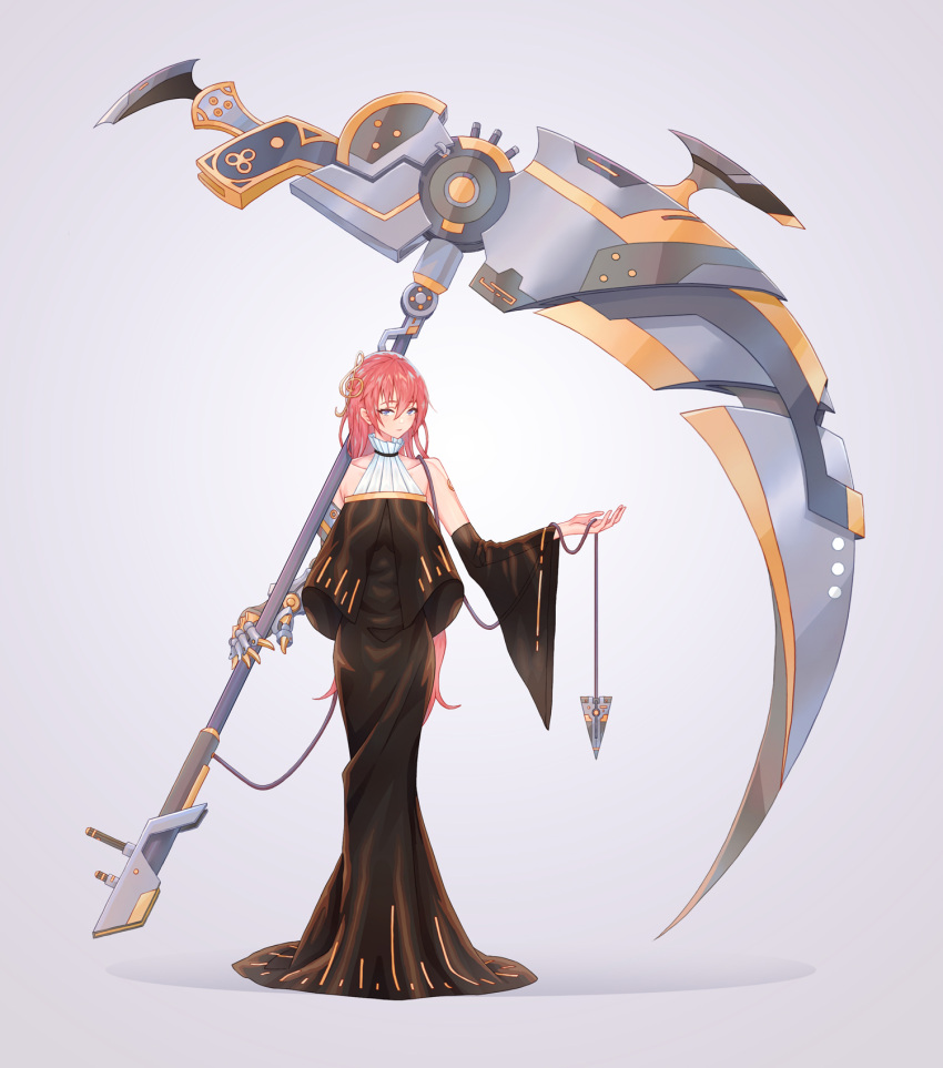 1girl bare_shoulders black_dress black_sleeves blue_eyes chain collarbone commentary dart detached_sleeves dress full_body gold_trim head_tilt highres holding holding_weapon long_hair looking_at_viewer mechanical_arm megurine_luka neriw oversized_object pink_hair scythe shoulder_tattoo solo standing tattoo vocaloid weapon wide_sleeves