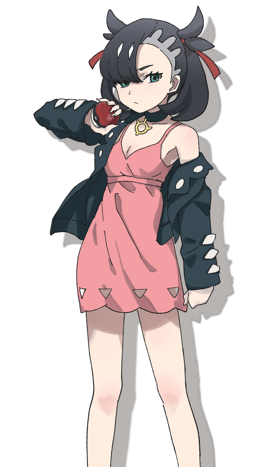 1girl absurdres asymmetrical_bangs asymmetrical_hair bangs black_choker black_hair black_jacket black_nails choker closed_mouth commentary dress dusk_ball frown green_eyes hair_ribbon highres holding holding_poke_ball jacket jewelry kosuda long_sleeves looking_at_viewer mary_(pokemon) off_shoulder open_clothes open_jacket pendant pink_dress poke_ball poke_ball_(generic) pokemon pokemon_(game) pokemon_swsh red_ribbon ribbon shadow short_dress simple_background solo spaghetti_strap standing twintails undercut white_background