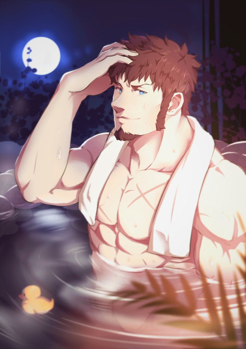 1boy abs absurdres alternate_hairstyle bangs bara bath beard bird blue_eyes brown_hair chest duck facial_hair fate/grand_order fate_(series) hand_in_hair highres looking_at_viewer male_focus moon muscle napoleon_bonaparte_(fate/grand_order) nipples nude onsen partially_submerged pectorals scar smile solo steam towel water wet yaosan233