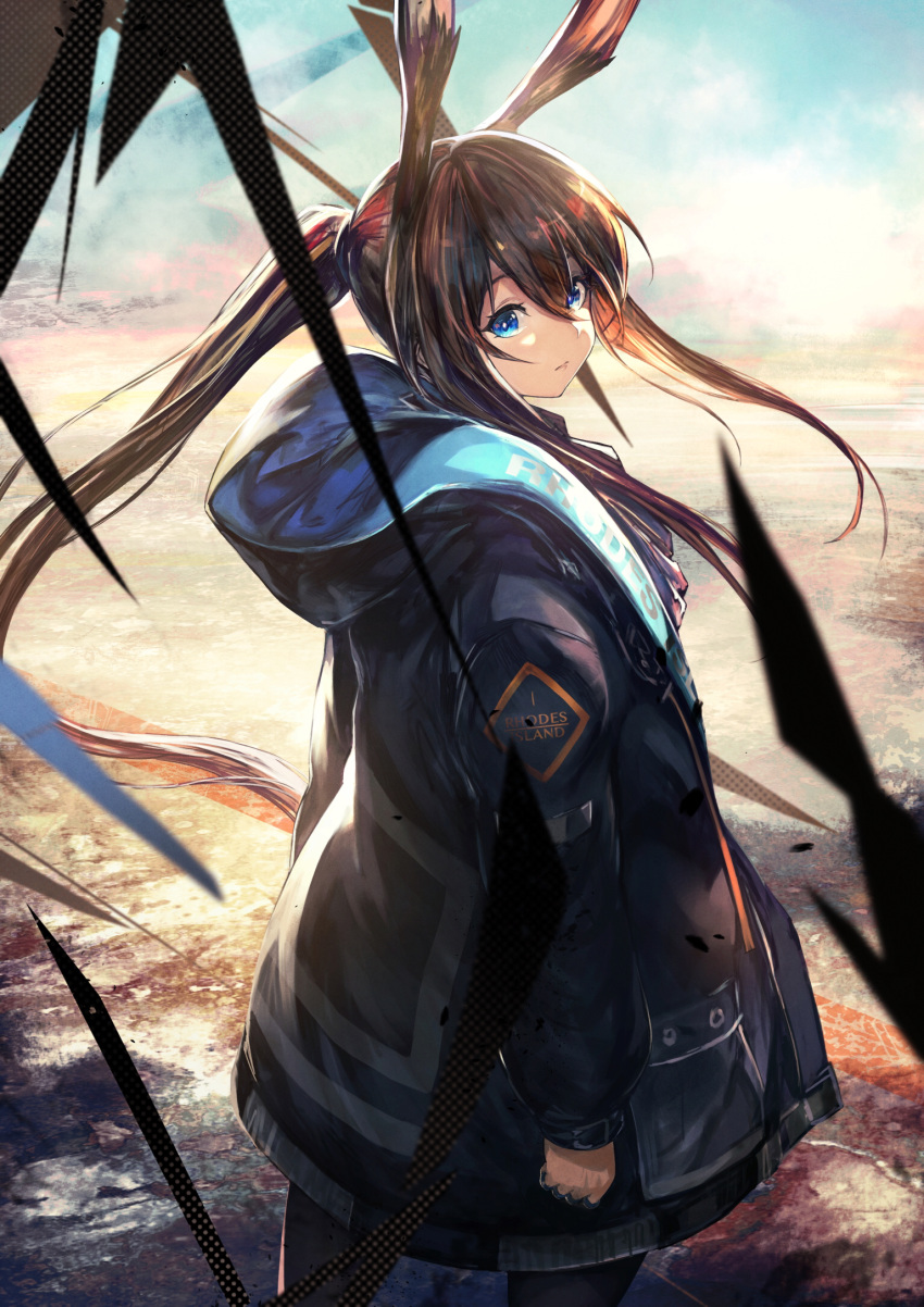 1girl amiya_(arknights) animal_ears arknights bangs black_jacket blue_eyes brown_hair closed_mouth day expressionless floating_hair from_side hair_between_eyes highres jacket jewelry long_hair long_sleeves looking_at_viewer open_clothes open_jacket outdoors pantyhose ponytail rabbit_ears ring shirataki_jiro sidelocks solo very_long_hair