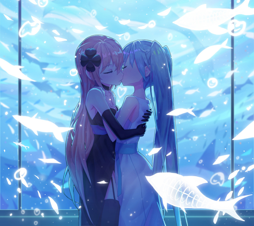 2girls aquarium arms_around_back black_dress black_gloves blue_hair closed_eyes collar commentary cowboy_shot dress elbow_gloves english_commentary flying_fish gloves glowing hair_ornament hands_on_another's_shoulders hatsune_miku highres kiss light_blush long_hair megurine_luka multiple_girls mutual_hug neriw pink_hair strapless strapless_dress twintails very_long_hair vocaloid white_dress yuri