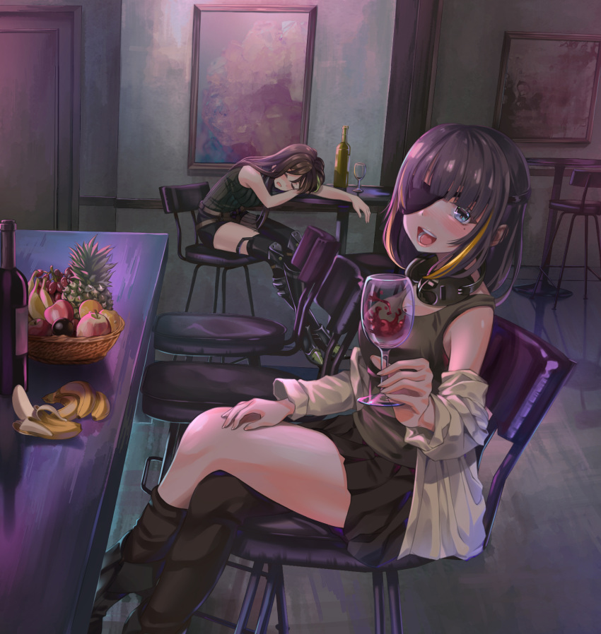 2girls alcohol apple banana bar blush bottle chair chinese_commentary commentary_request crossed_legs drunk eyepatch food fruit fruit_bowl girls_frontline gonzz_(gon2rix) grapes headphones headphones_around_neck highres looking_at_viewer m16a1_(girls_frontline) m4a1_(girls_frontline) multiple_girls orange pineapple sleeping table wine wine_bottle