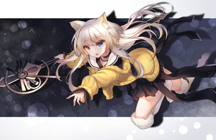 1girl alswp5806 animal_ears arknights bangs black_shirt black_skirt blue_eyes blush cat_ears commentary_request eyebrows_visible_through_hair fang hair_ornament heterochromia highres holding holding_staff jacket kneehighs long_hair long_sleeves nightmare_(arknights) no_shoes open_clothes open_jacket parted_lips pleated_skirt red_eyes sailor_collar shirt skirt sleeves_past_wrists soles solo staff very_long_hair white_hair white_legwear white_sailor_collar yellow_jacket