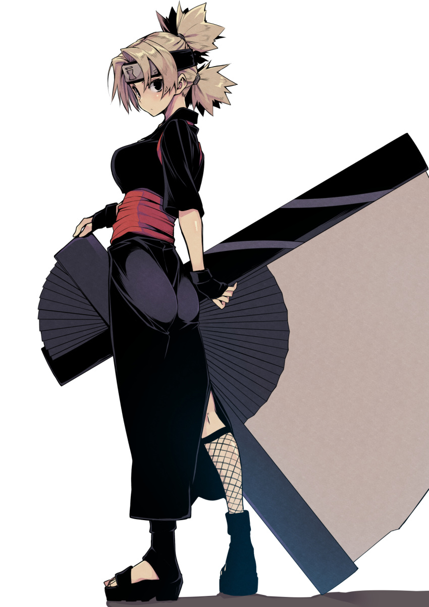 10mo 1girl ass black_kimono blonde_hair blush breasts closed_mouth fan fishnet_legwear fishnets folding_fan forehead_protector from_behind full_body highres holding holding_fan japanese_clothes kimono large_breasts looking_at_viewer looking_back naruto naruto_(series) quad_tails sandals short_hair simple_background solo standing temari white_background