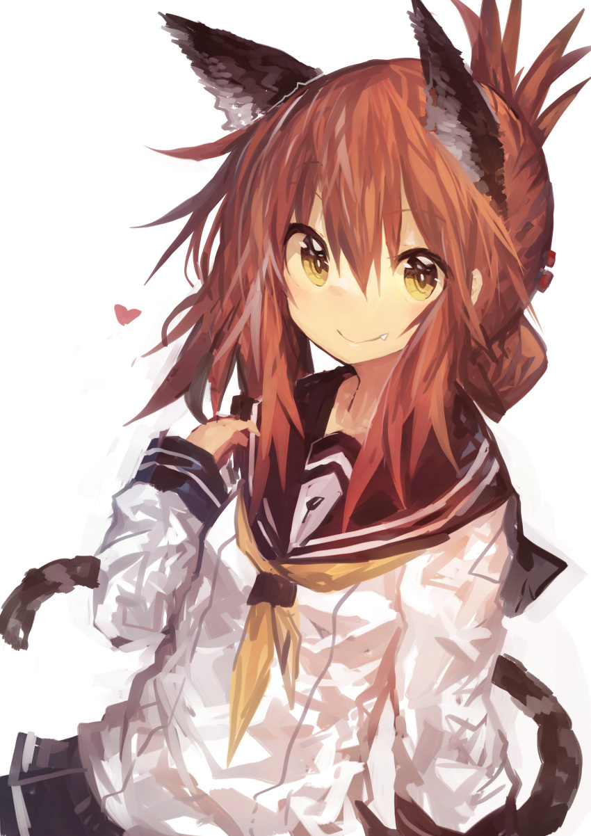 1girl absurdres animal_ears bangs black_skirt brown_hair cat_ears cat_tail commentary_request extra_ears eyebrows_visible_through_hair fang folded_ponytail hair_between_eyes heart highres inazuma_(kantai_collection) kaamin_(mariarose753) kantai_collection kemonomimi_mode long_sleeves looking_at_viewer neckerchief pleated_skirt school_uniform serafuku shirt sidelocks skirt smile solo tail white_background white_shirt yellow_eyes