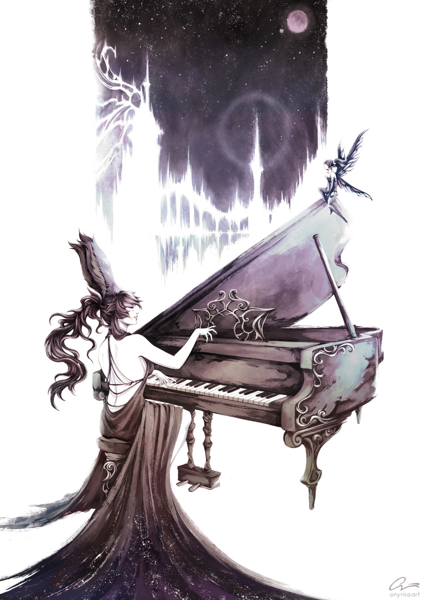 1girl absurdres animal_ears backless_dress backless_outfit bangs bare_shoulders closed_eyes commission dress english_commentary final_fantasy final_fantasy_xiv from_behind full_moon highres instrument lips long_hair monochrome moon music onyrica parted_lips piano playing_instrument playing_piano rabbit_ears sitting sky solo star_(sky) starry_sky viera watermark web_address