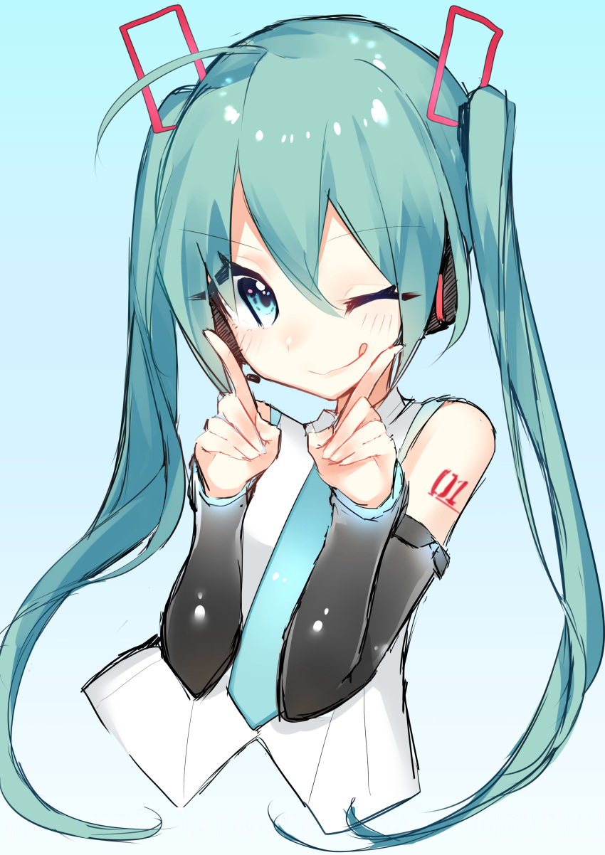 1girl absurdres aqua_eyes aqua_hair aqua_nails aqua_neckwear bare_shoulders black_sleeves commentary cropped_torso detached_sleeves hair_ornament hands_up hatsune_miku hatsune_miku_(vocaloid4) headphones headset highres index_fingers_raised light_blush long_hair looking_at_viewer nail_polish necktie one_eye_closed reirou_(chokoonnpu) shirt shoulder_tattoo sketch sleeveless sleeveless_shirt smile solo tattoo tongue tongue_out twintails upper_body v4x vocaloid white_shirt