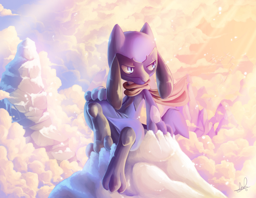 blue_eyes blue_sky clouds cloudy_sky creature day full_body gen_4_pokemon lanmana looking_away looking_to_the_side mountain no_humans pokemon pokemon_(creature) riolu sitting sky solo