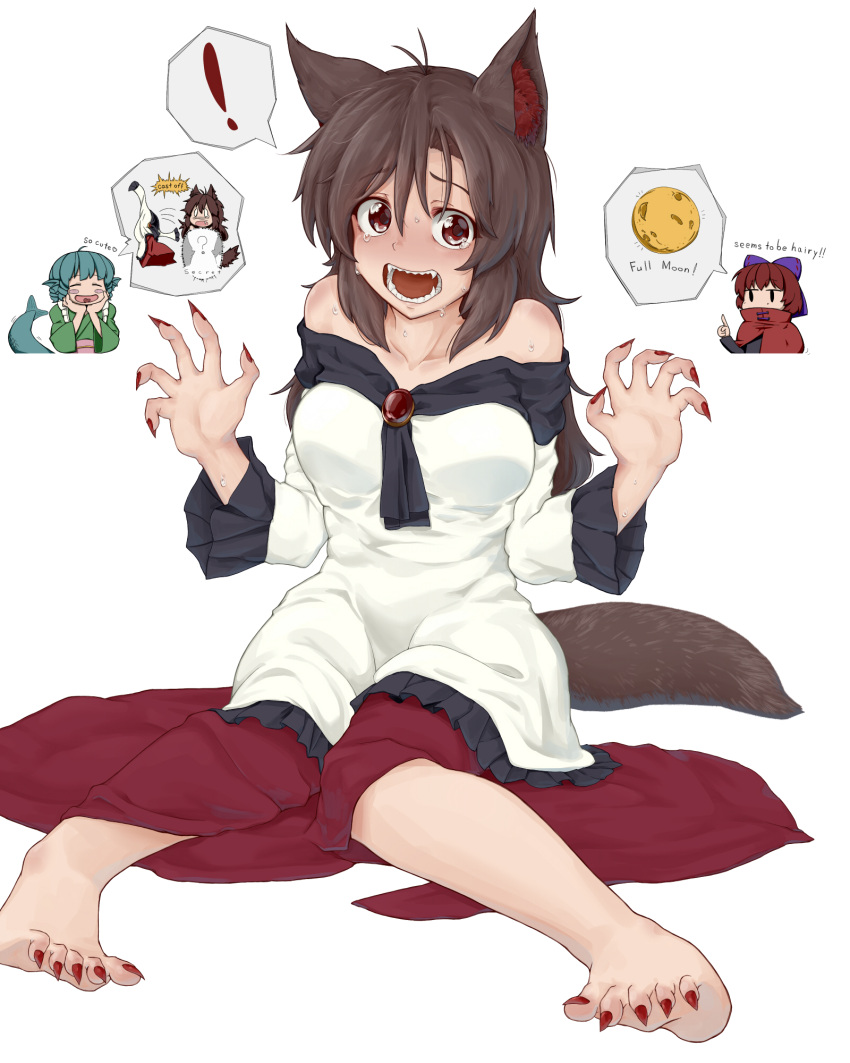 ! 3girls animal_ears bangs bare_shoulders barefoot blue_hair blush_stickers bow brooch brown_hair cape commentary_request crying crying_with_eyes_open dress fangs fingernails frilled_kimono frills full_body full_moon furrowed_eyebrows green_kimono hair_bow hands_up head_fins highres imaizumi_kagerou japanese_clothes jewelry kimono kokko361 long_hair long_sleeves looking_at_viewer mermaid monster_girl moon multiple_girls nail_polish off-shoulder_dress off_shoulder open_mouth parted_bangs red_nails sekibanki sharp_fingernails sharp_toenails simple_background sitting solo_focus speech_bubble spoken_exclamation_mark tail tears teeth toenails toes touhou wakasagihime white_background wide_sleeves wolf_ears wolf_tail